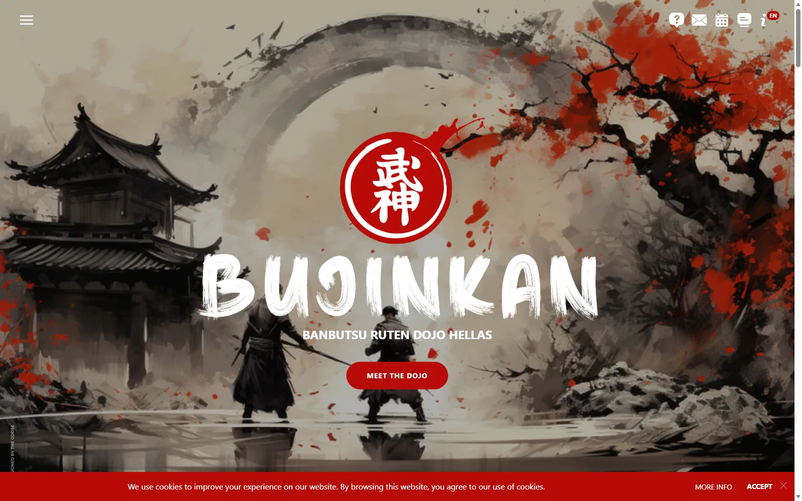 Bujinkan Hellas homepage with a red dojo emblem over a Japanese ink-wash martial arts scene