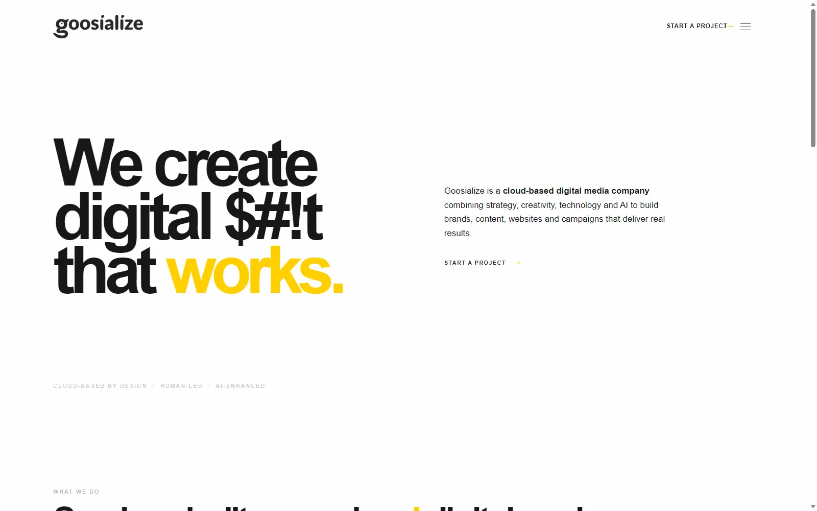 Goosialize homepage with a bold statement about creating digital work