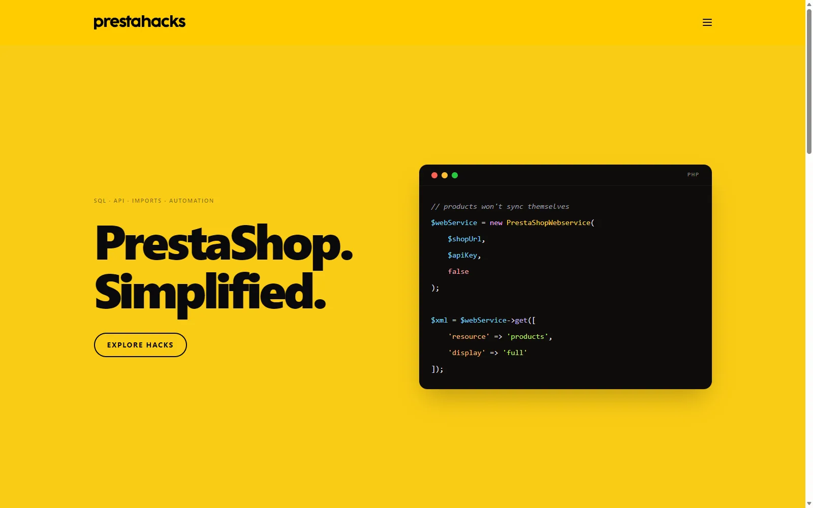 PrestaHacks homepage pairing its PrestaShop headline with a Webservice code example